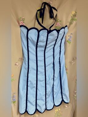 TCEC Blue White Striped Scallop Halter Mini Dress Navy Trim M